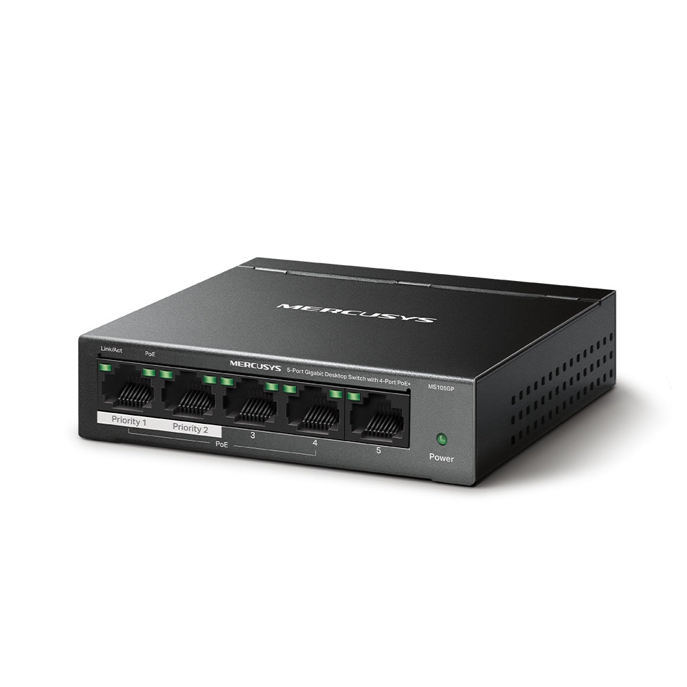 Mercusys MS105GP 5-Port Gigabit Desktop Switch with 4-Port PoE+ Mercusys MS105GP 5-Port Gigabit Desktop Switch with 4-Port PoE+